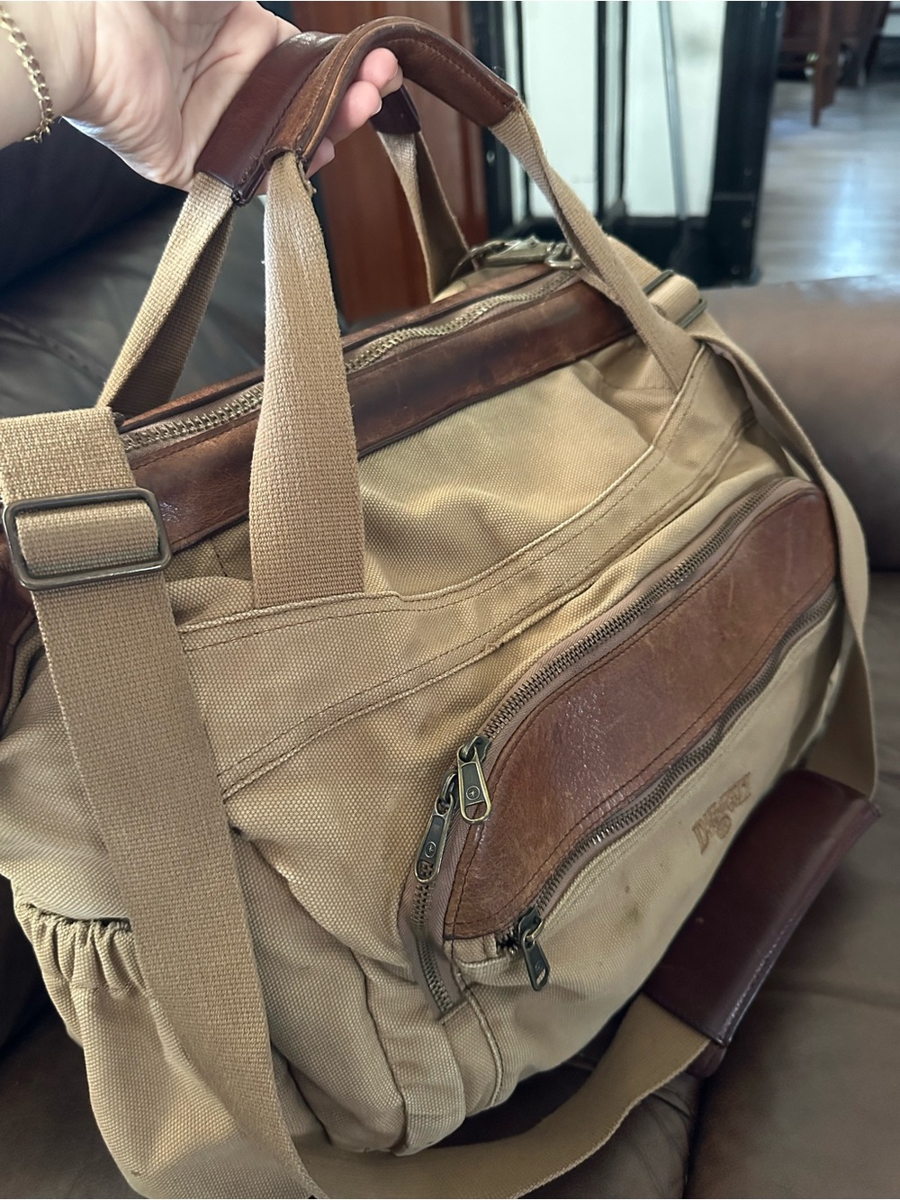 Duluth Trading Co Tan Canvas Duffel with Brown Leather Accents - Picture 4 of 13